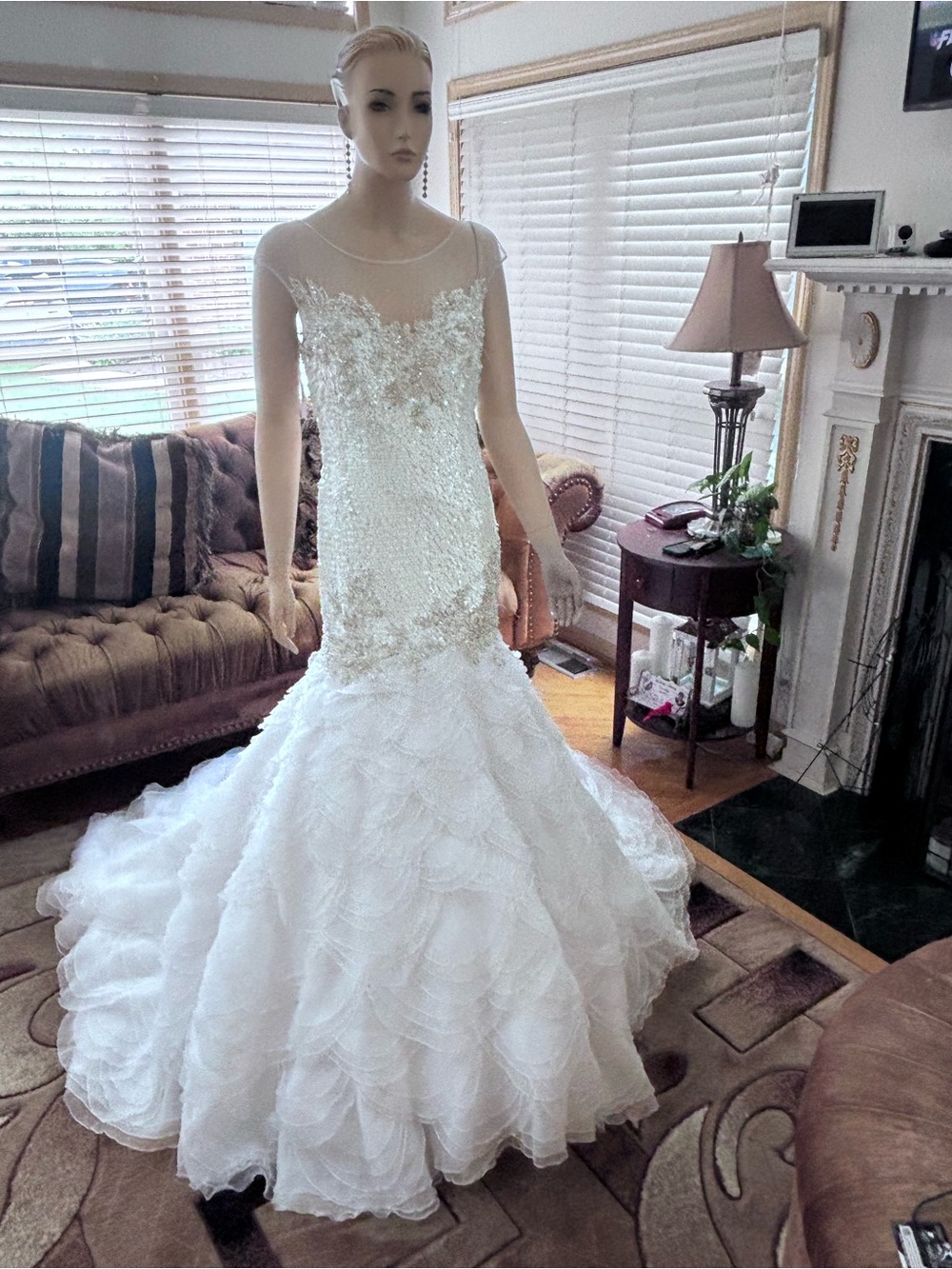 White Beaded Mermaid Wedding Gown with Illusion Neckline